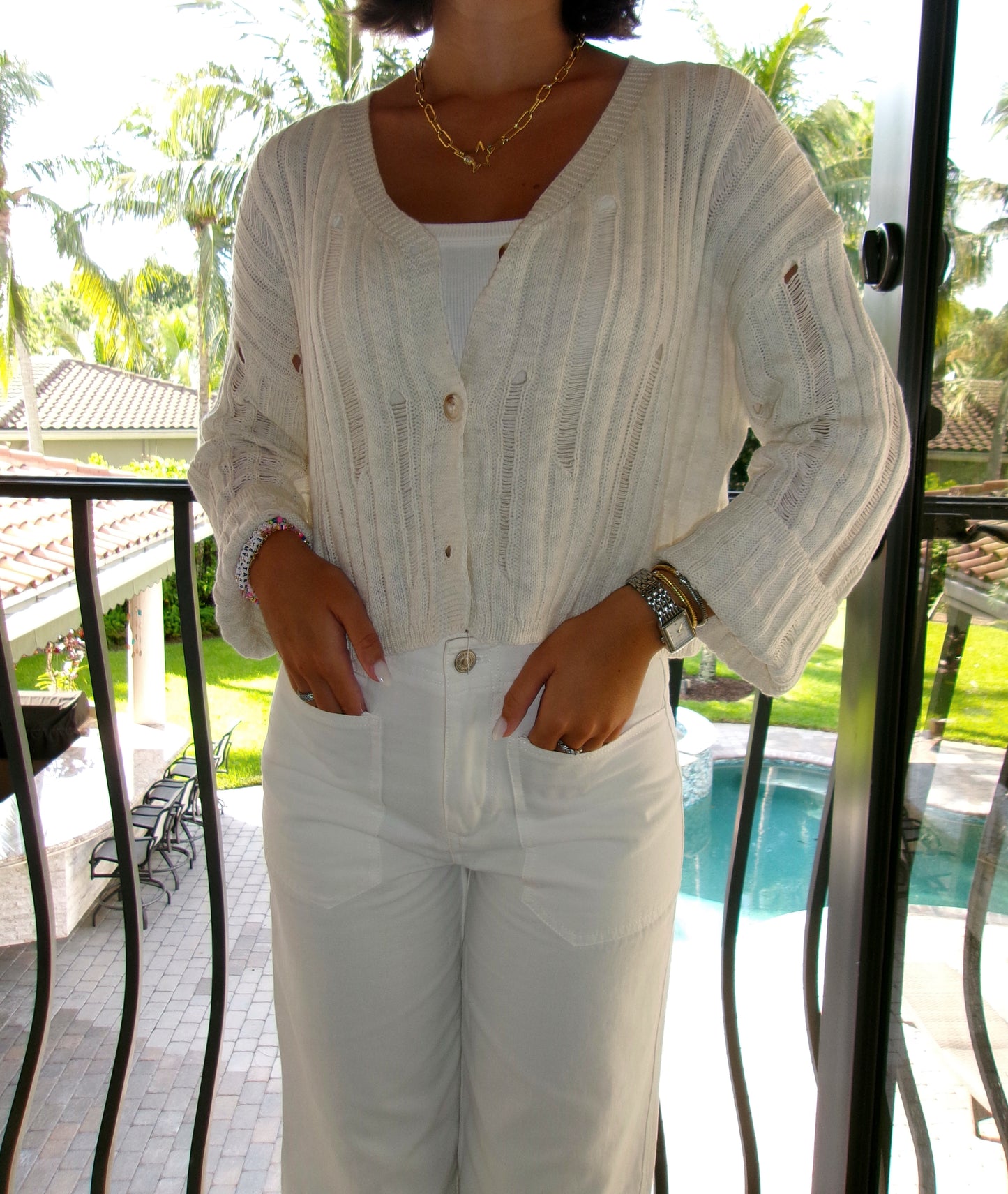 Salt Air Distressed Crop Cardigan - Cream