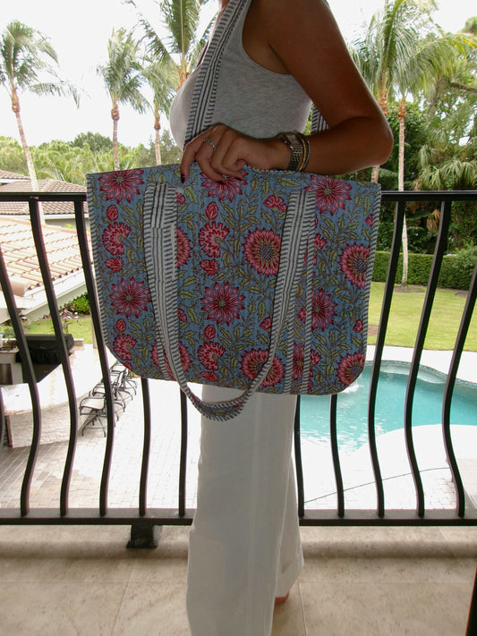 Meet Me At Market Quilted Tote Bag - Blue