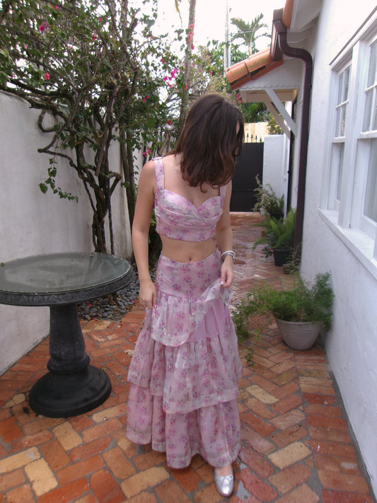 Love Shack Floral Crop Top & Ruffle Maxi Skirt Set - Pink