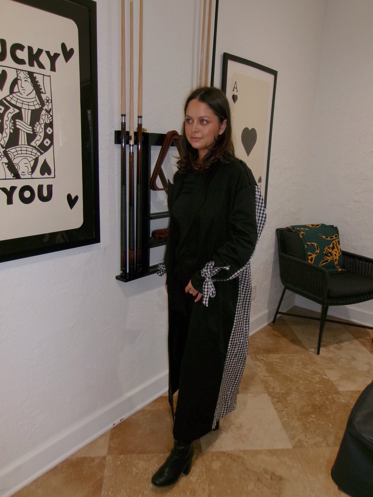 Hailey Checkered Contrast Long Oversized Coat - Black